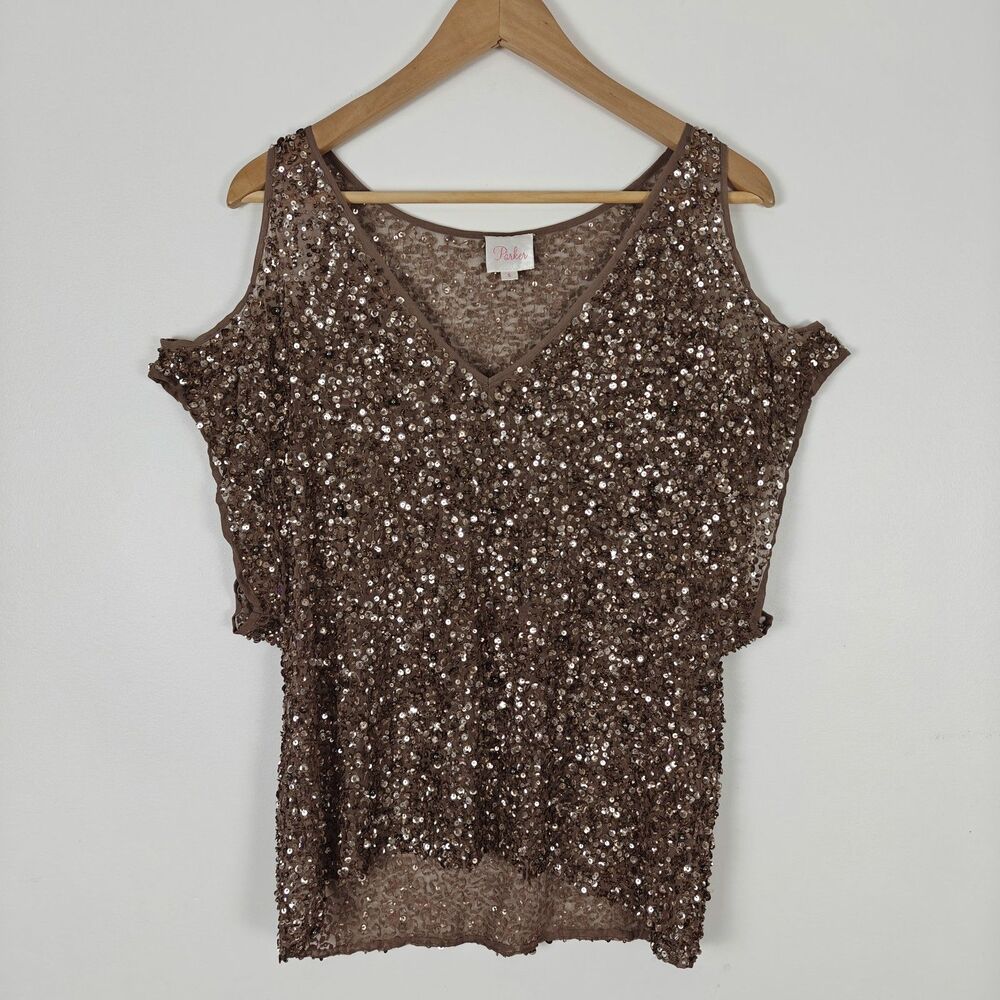 Parker Cold Shoulder Sequin Chiffon V-Neck 100% Silk Brown Top Size S Glam Party
